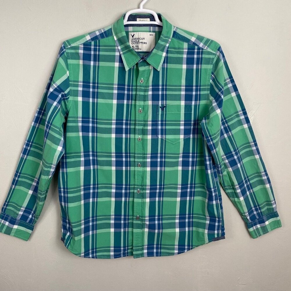 Plaid button Up American Eagle Athletic Fit XL Mens Shirt Blue Green Y2K style